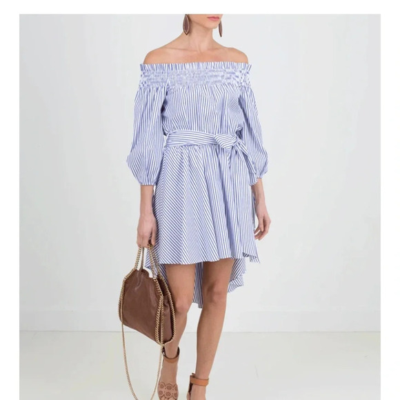 Caroline Constas Blue Stripe Lou Off Shoulder Dress Small Bow Tie Waist High Low - Picture 7 of 8